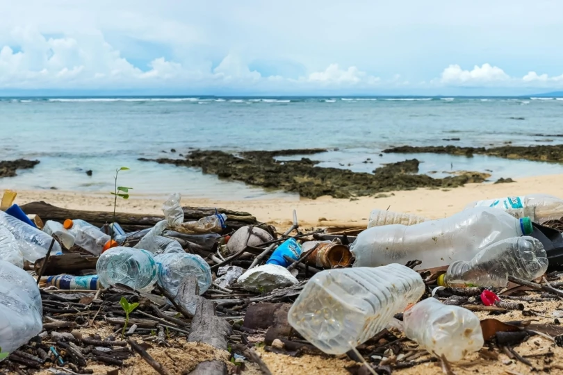 Plastic water bottle trash on beach