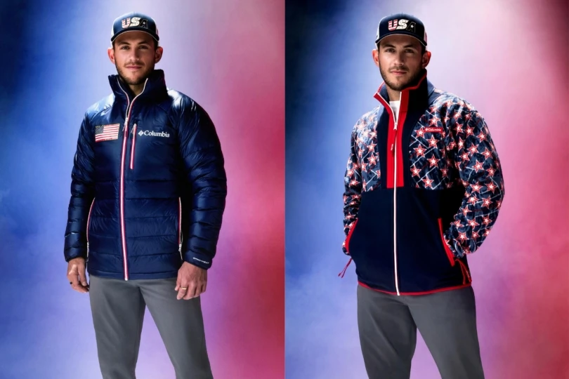 side by side of same male athlete in us olympic curling puffer and fleece