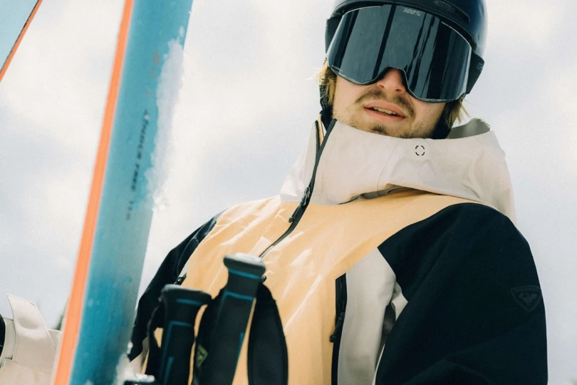 Close up shot of snowboarder in gear