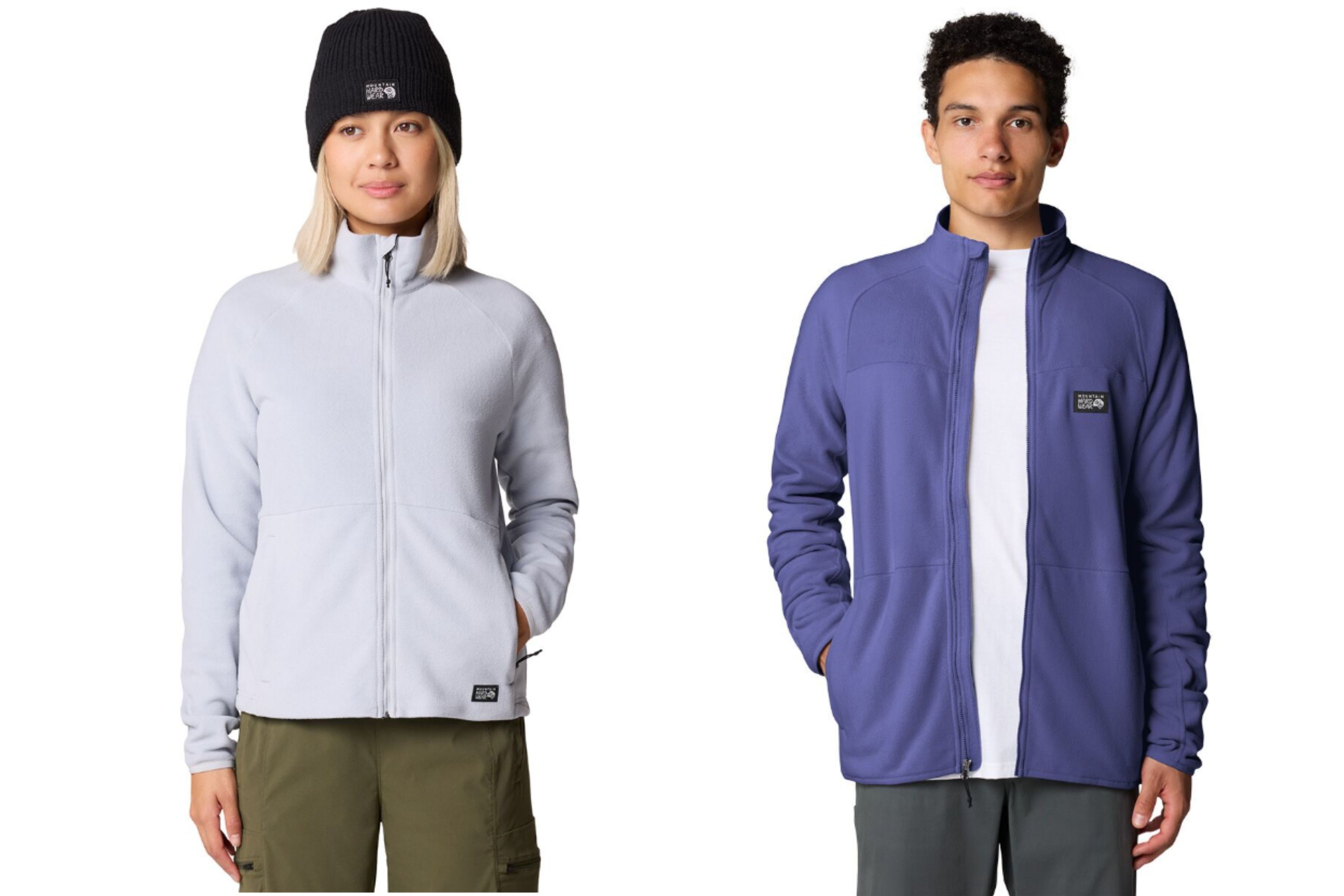 side by side of man and woman in fleece jacket