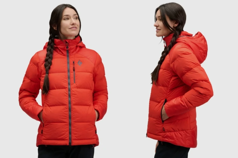 side by side showing front and side of woman in red puffy jacket