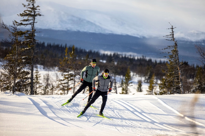 two people nordic skiing