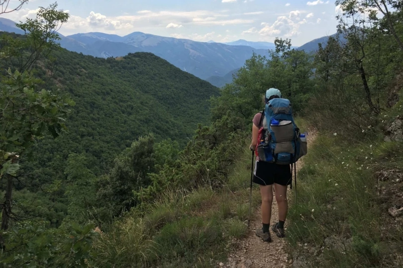 rear view of backpacker on trail