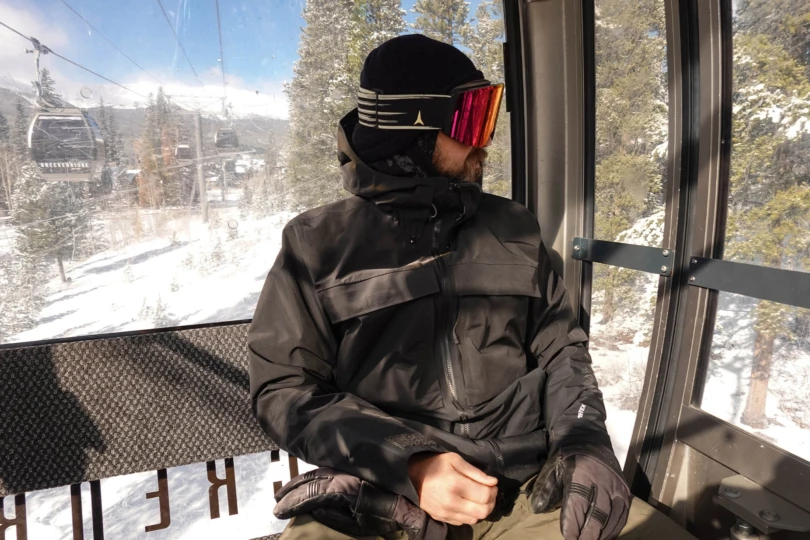 Riding up the gondola wearing the First Chair jacket in cold morning light
