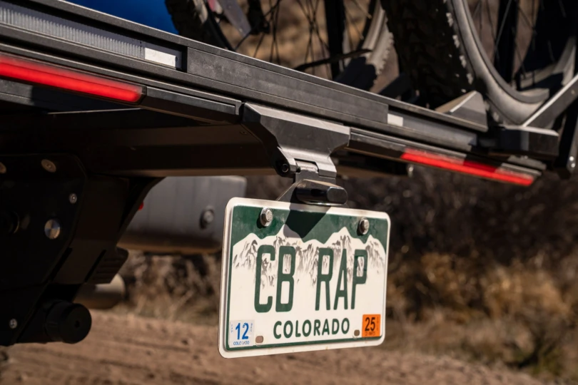 A close look at the rack’s license-plate mount and light bar