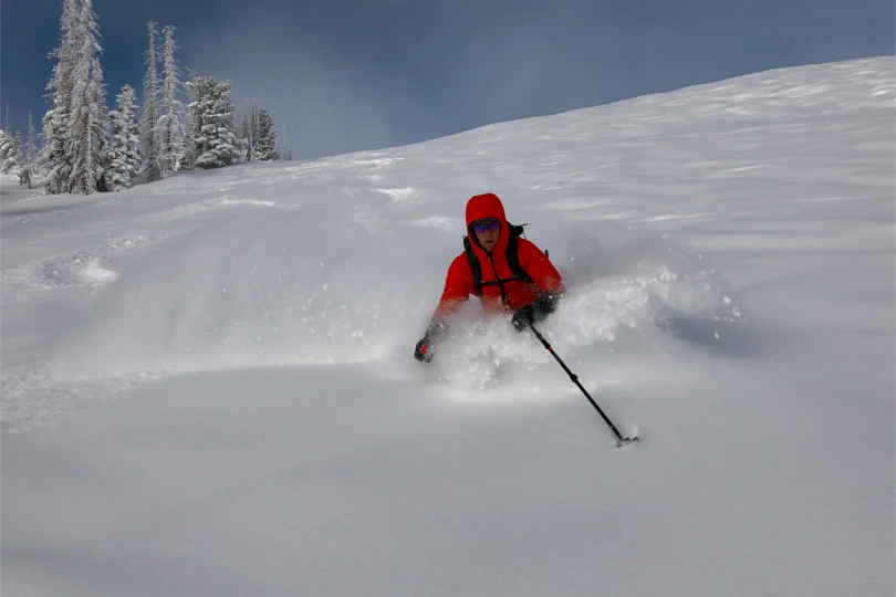 A skier moves through deep powder on a stormy day