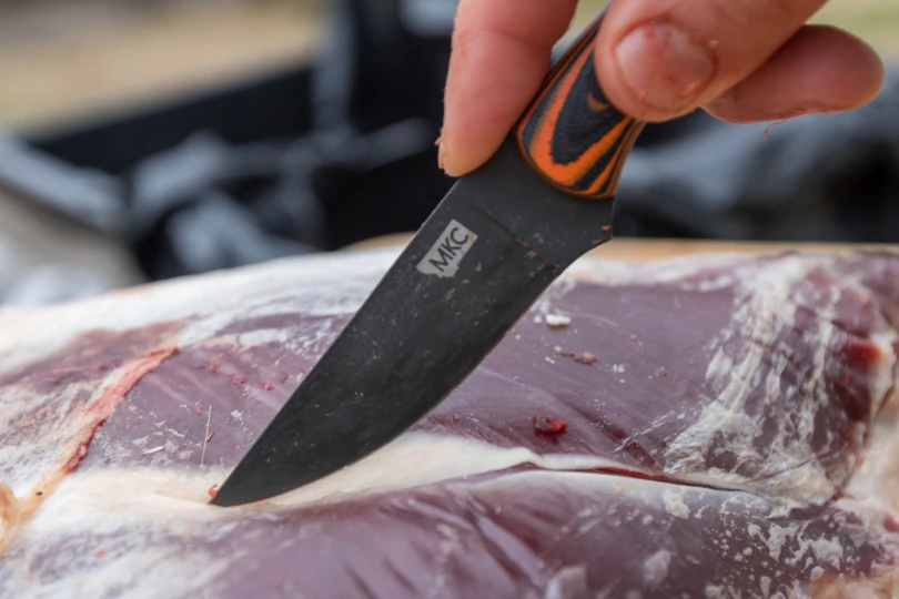 A hunting knife cutting into a deer quarter