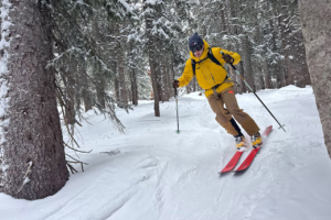 Skier in Emiko shell pants making a controlled turn in a wooded snowy area