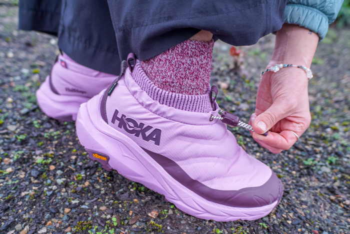 The HOKA x Halfdays Kaha 2 Frost Moc GTX shows the ankle collar and quick-adjust drawcord
