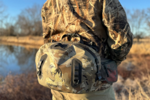 Rear view of the DeltaStorm 800 waistpack worn over hunting jacket
