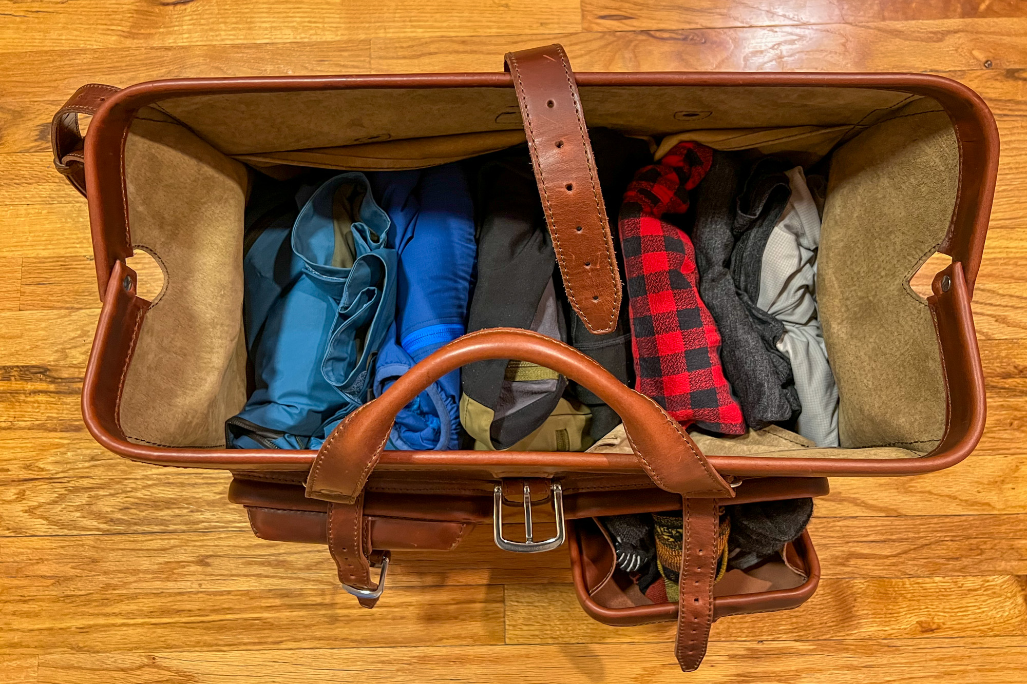 Saddleback Leather Deep Pocket Duffel packed with clothes