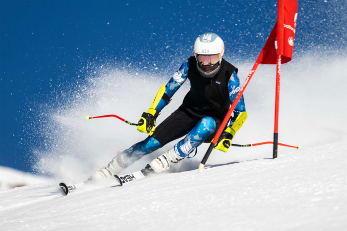 Jamaican ski team racer on slalom course