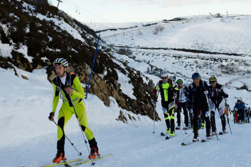 skimo skiers in race along a course