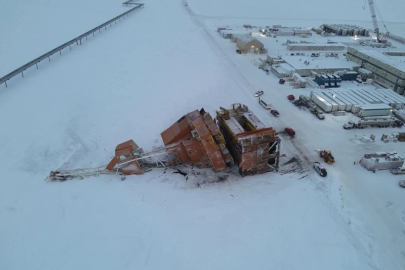 oil rig toppled over on snow