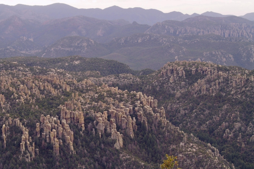 overlook of rocky towers in mountains