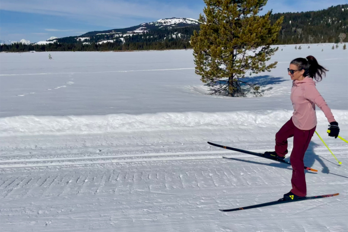 A skier uses Aeroguide 85 skate skis on a groomed trail bordered by snowy trees