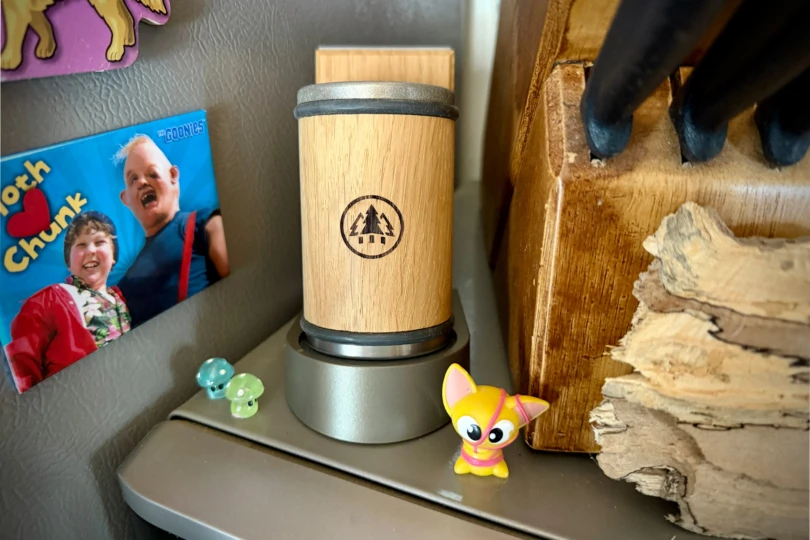 The rolling sharpener sits upright on its base as a compact countertop tool