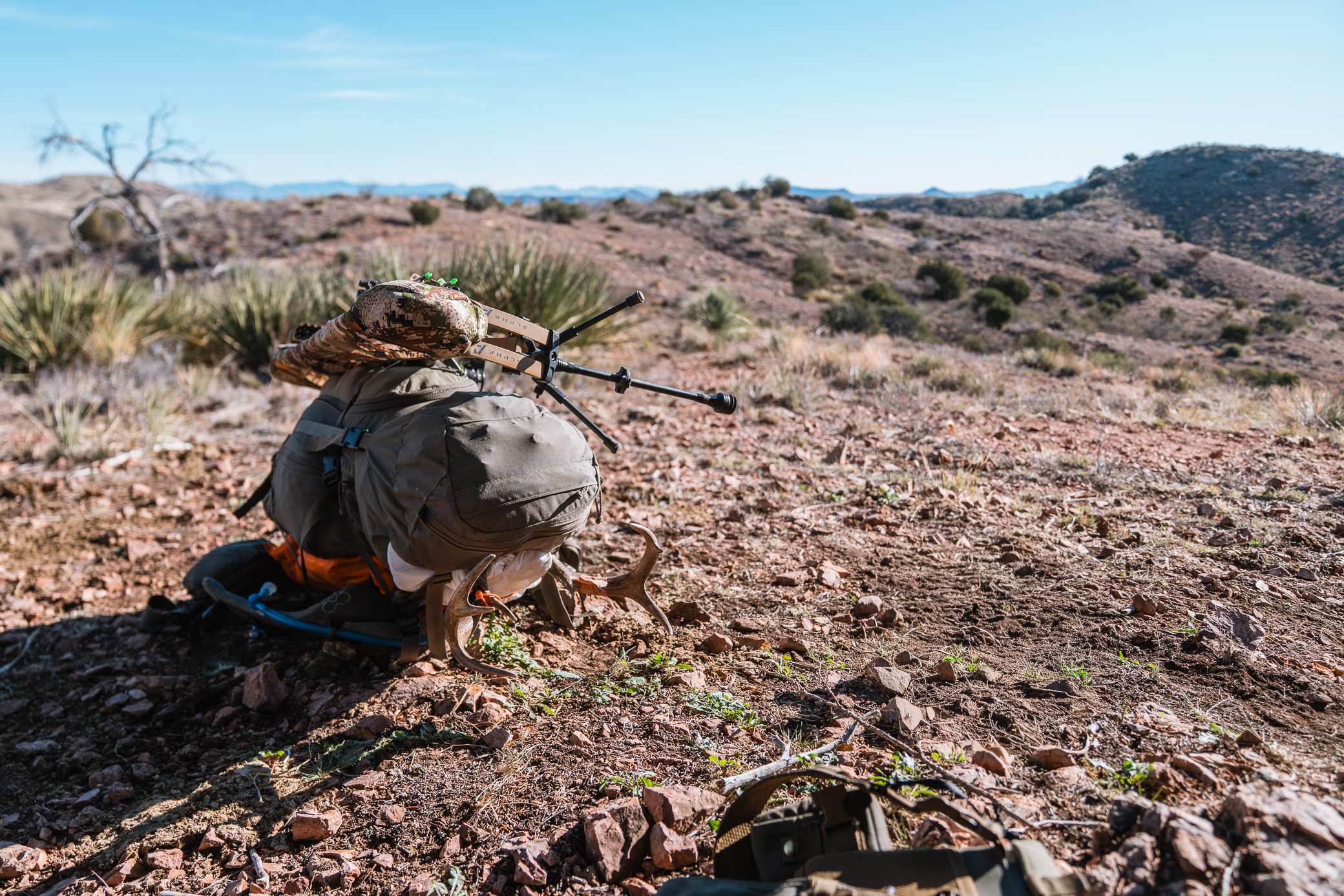 A compound bow with an arrow rest attached is packed on a backpack in open terrain
