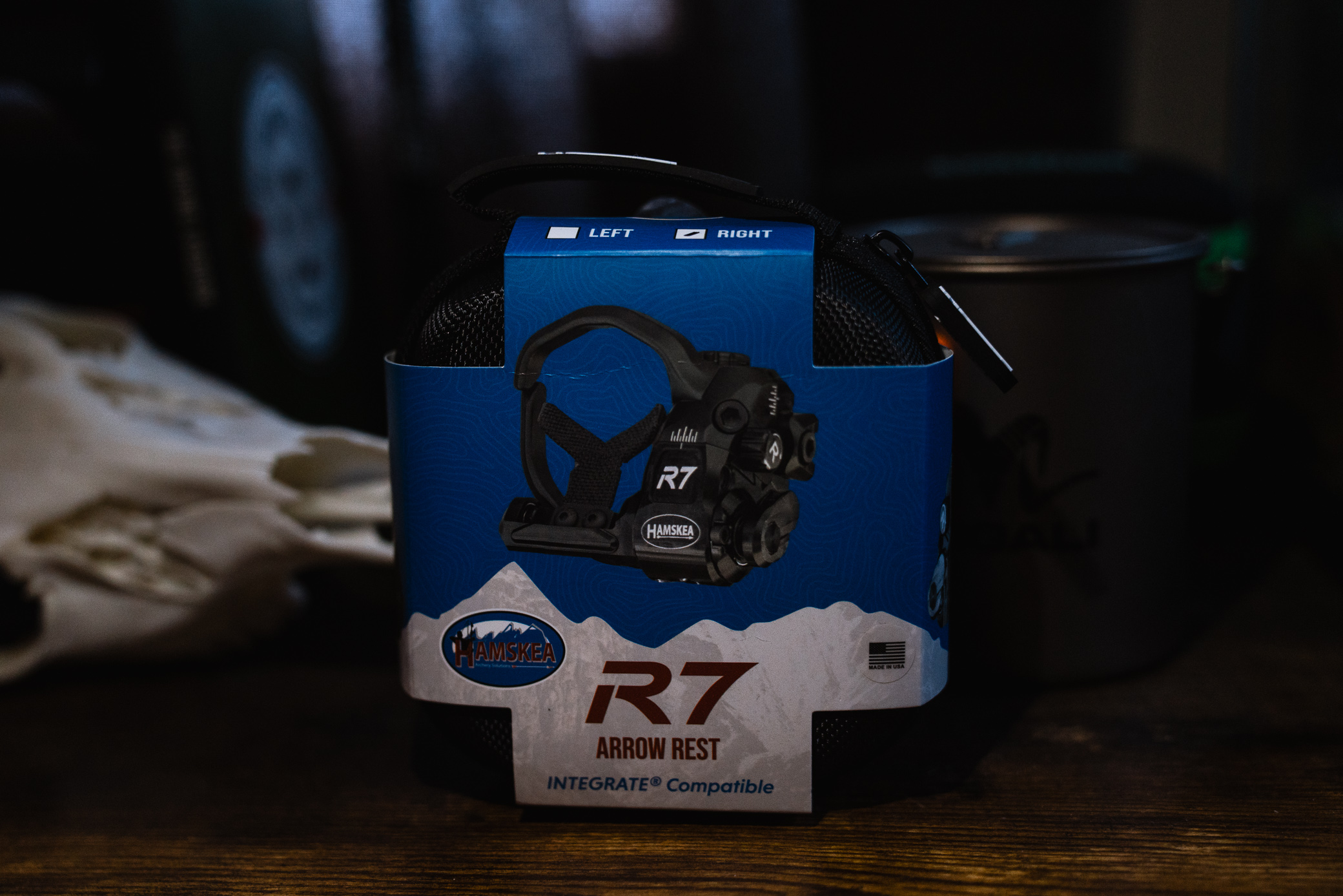 The Hamskea R7 Arrow Rest is shown in its original retail packaging