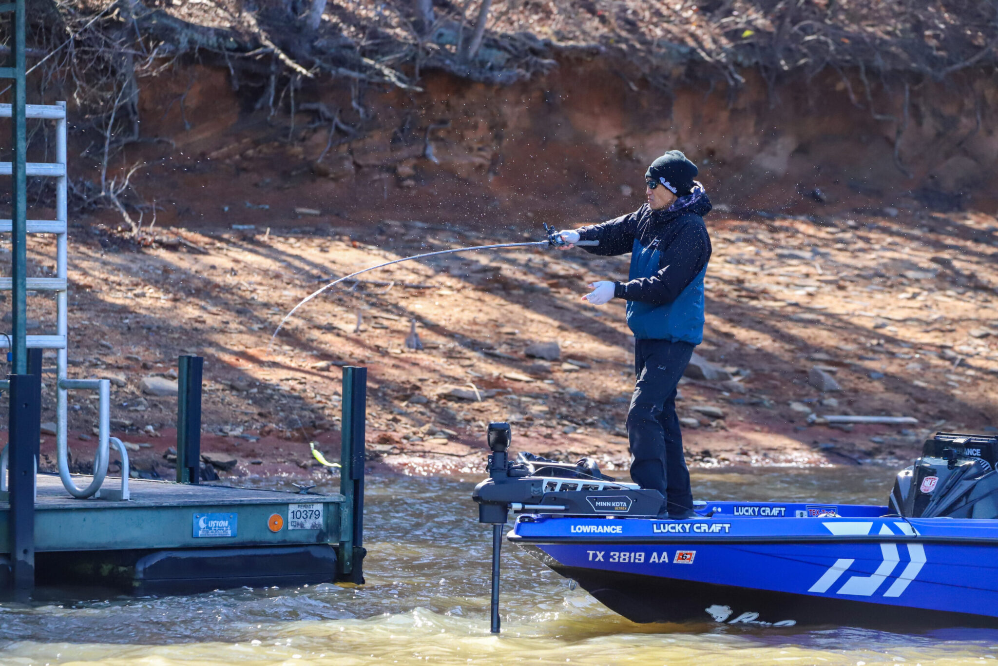 Takahiro Omori casting a bladed jig on Lake Hartwell