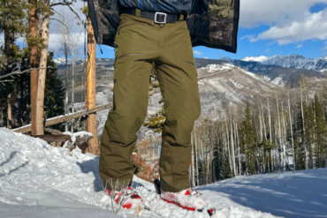 Powderverse ski pants showing leg movement and fit while skiing