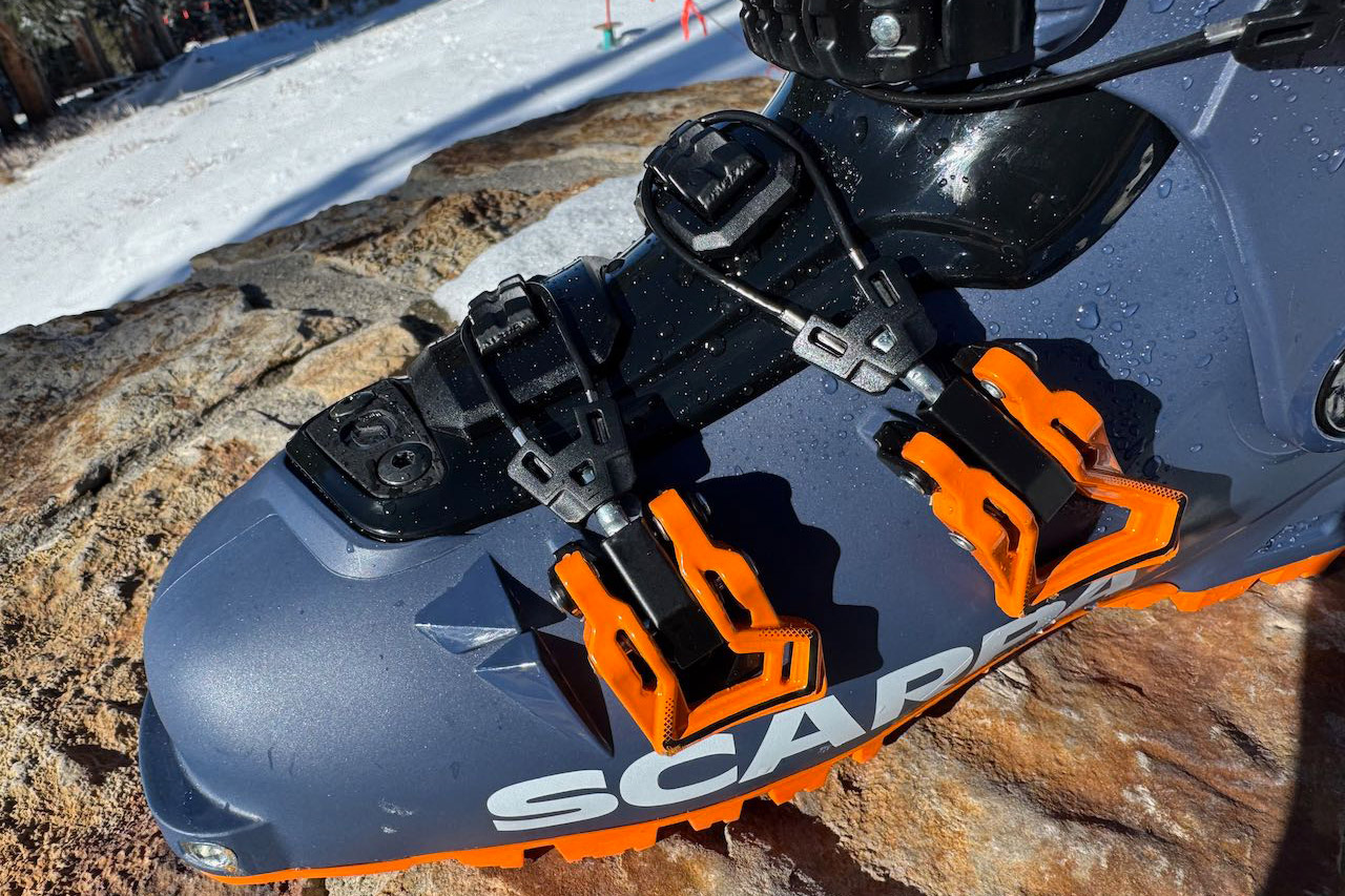 Detailed view of boot buckles and toe area on Scarpa 4-Quattro GT boot