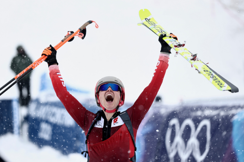 Marianne Fatton wins the first ever Olympic skimo gold medal.