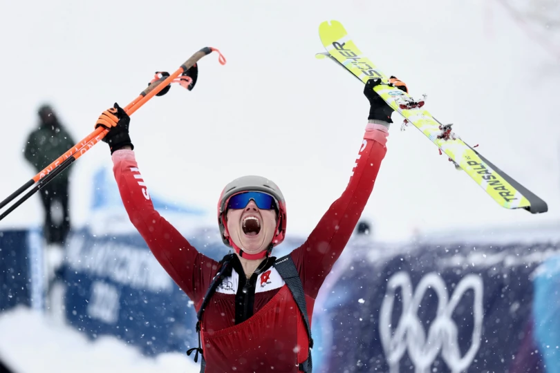 Marianne Fatton wins the first ever Olympic skimo gold medal.