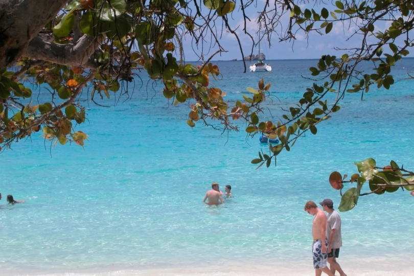 People walk along beach
