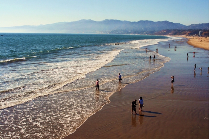 aerial view of beach with people walking