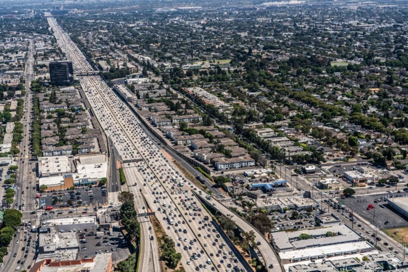 aerial view of downtown traffic with busy highways
