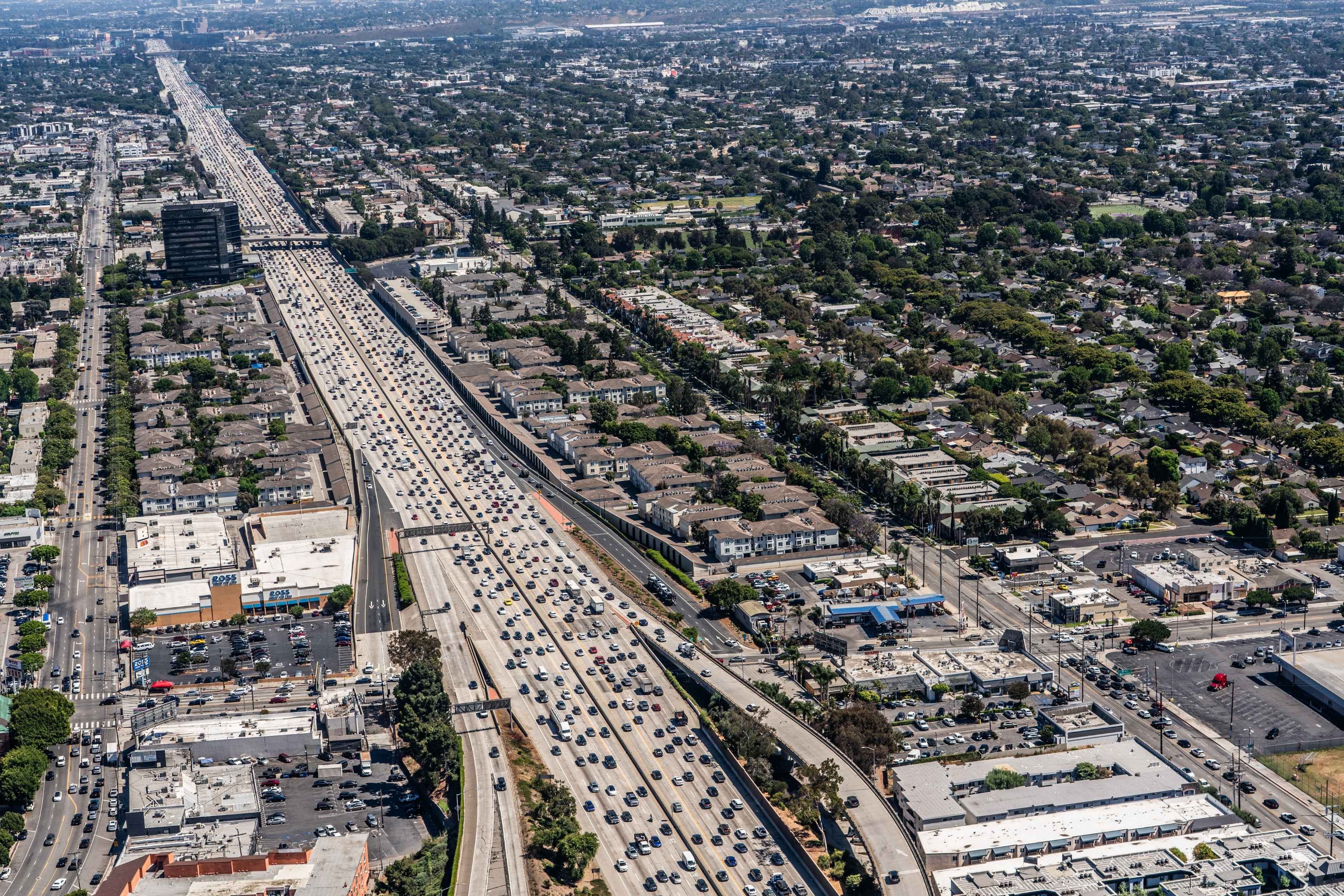 aerial view of downtown traffic with busy highways
