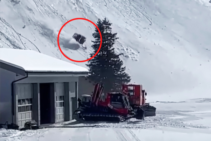 Gondola car tumbles down mountain.