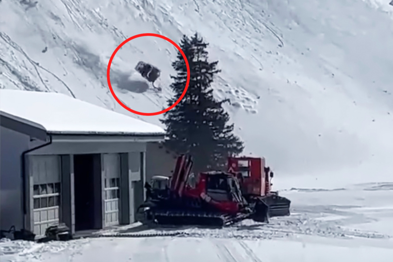 Gondola car tumbles down mountain.