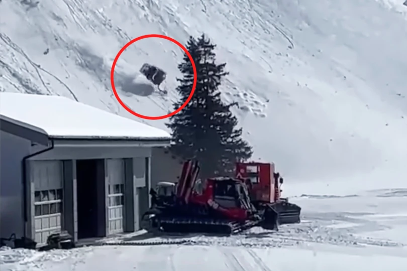 Gondola car tumbles down mountain.