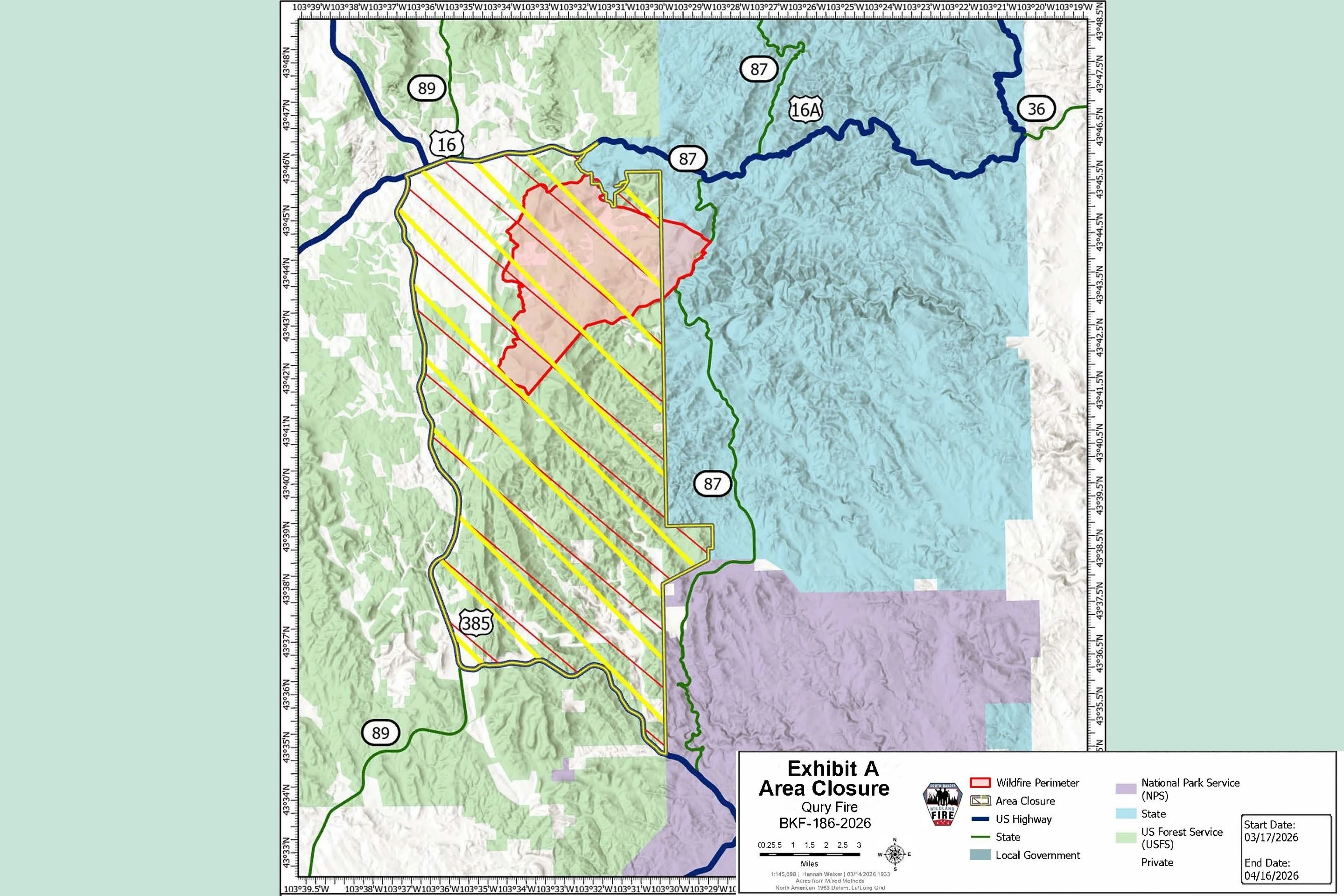 map in south dakota showing fire closure