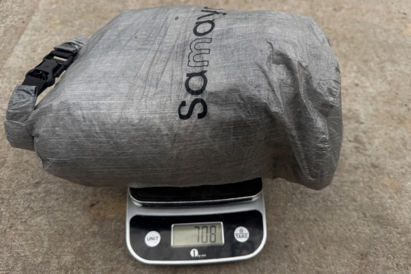 Packed Samaya tent placed on a scale showing weight measurement