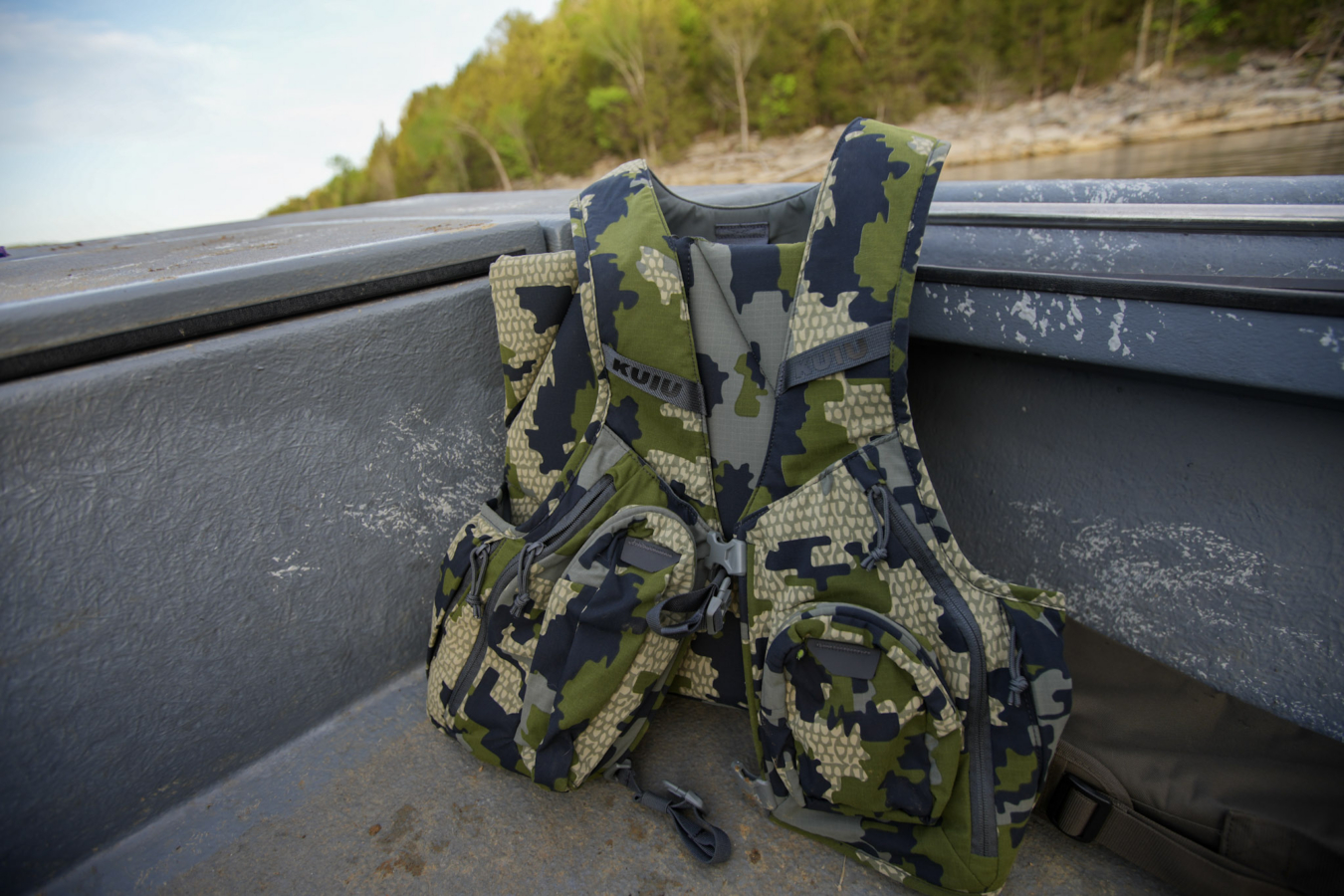 The KUIU Rival Turkey Vest on a boat.