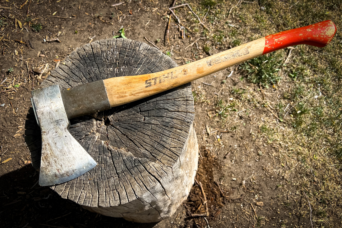 STIHL Pro Universal Forestry Axe on stump
