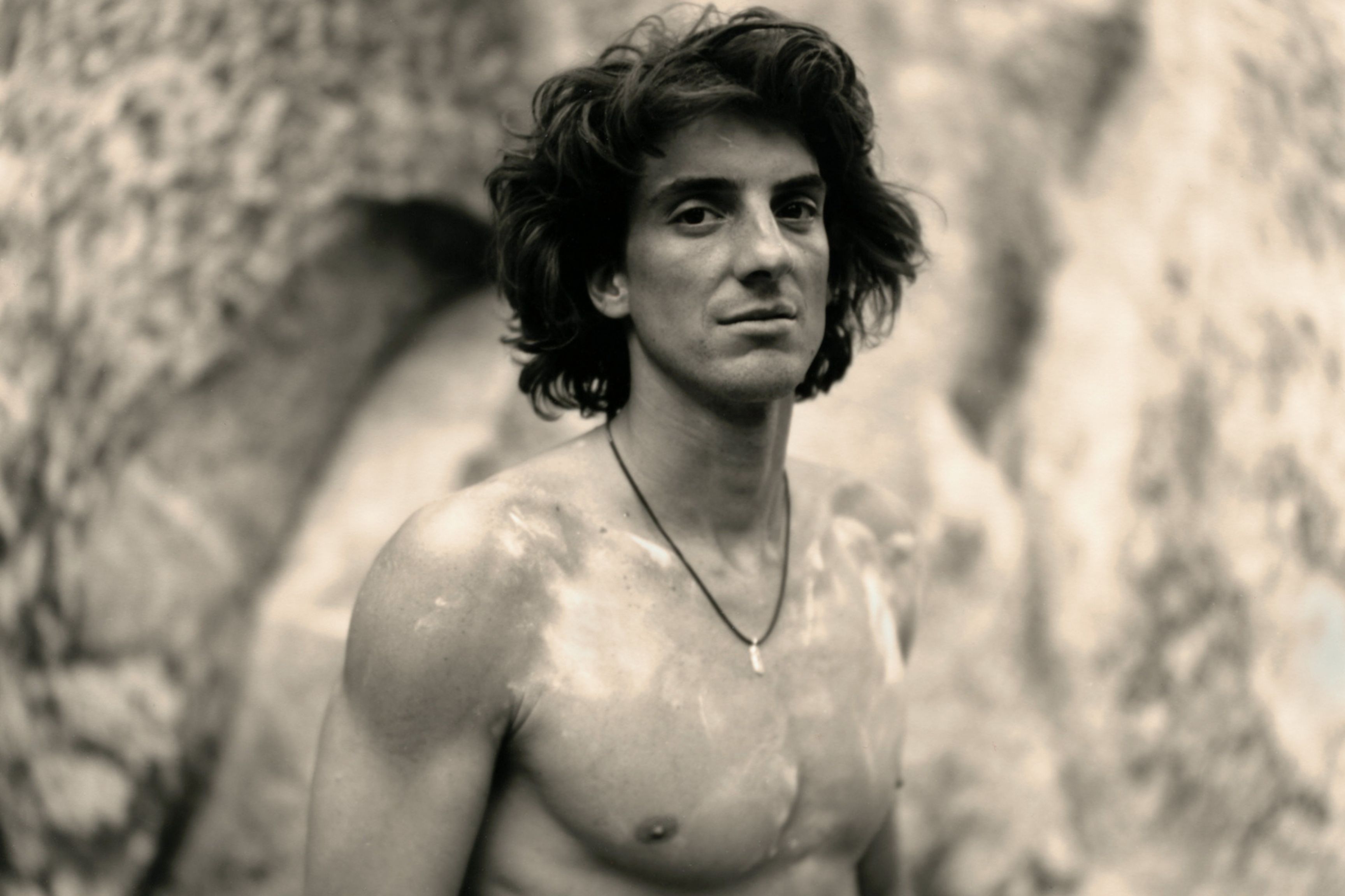 close-up portrait of shirtless climber