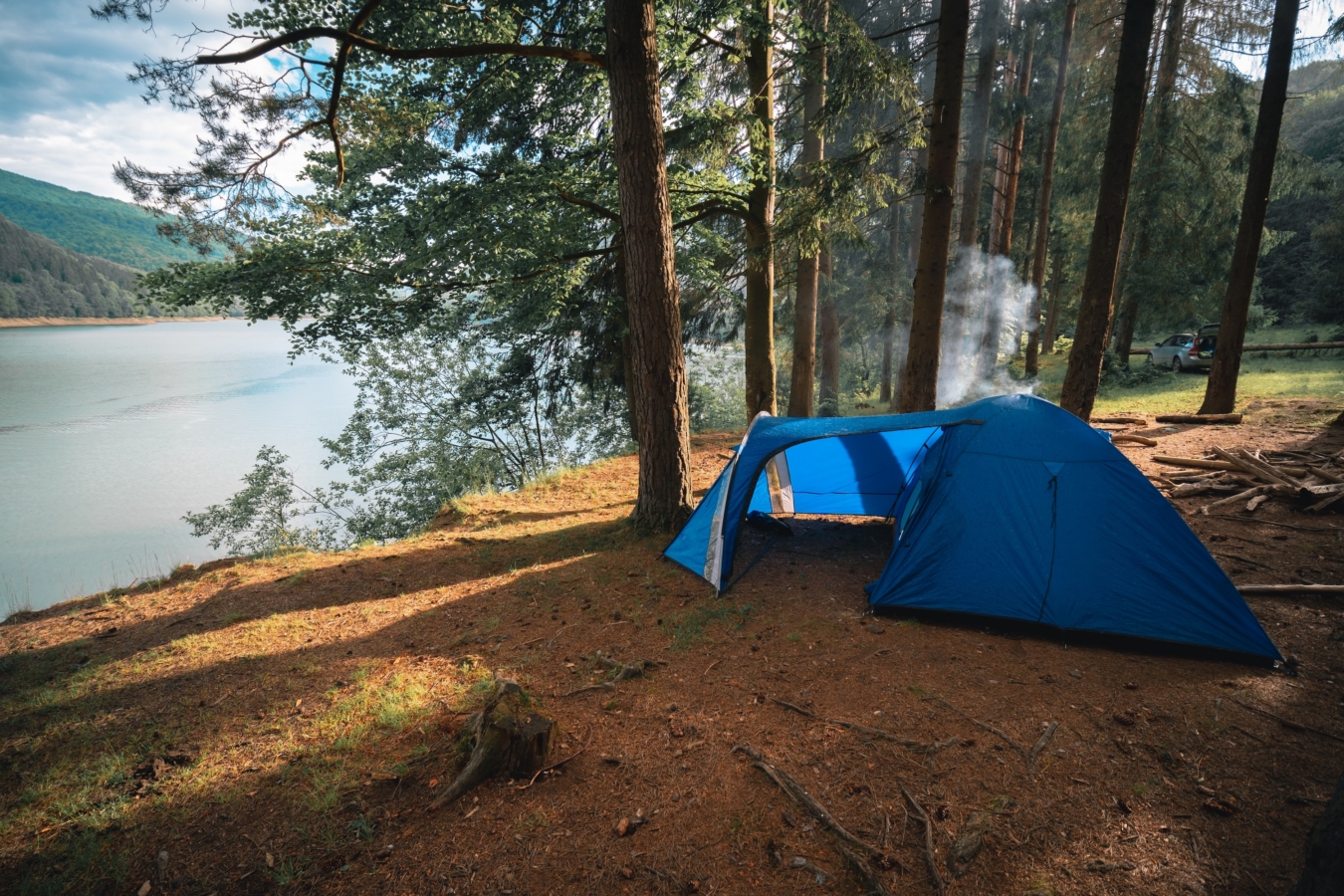 Big,Dome,And,Camping,Tent,With,Vestibule.,Warm,Sun,Rays.