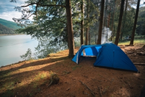 Big,Dome,And,Camping,Tent,With,Vestibule.,Warm,Sun,Rays.
