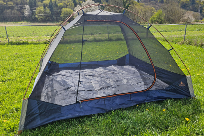 Kelty Late Start 4P Tent with the rainfly removed to show the mesh tent body