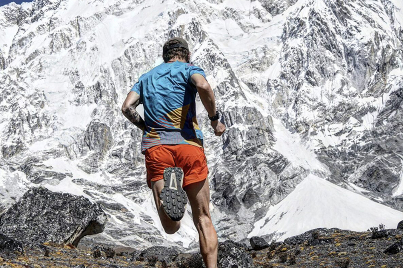 Tyler Andrews training in the Khumbu during a previous expedition, the south face of Lhotse in background. Photo- Tyler Andrews