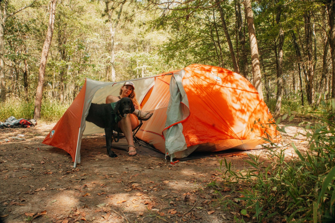 Copper Spur UL3 tent with rainfly fully set up at forest campsite
