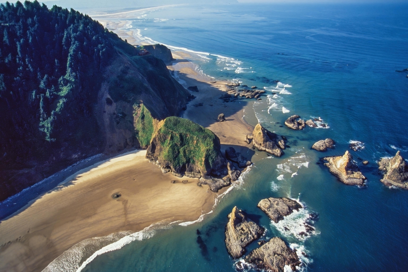 aerial view of coastline and beach and ocean