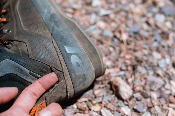 Close view of the Gore Tex label and side panel on a Crispi Alpine hunting boot
