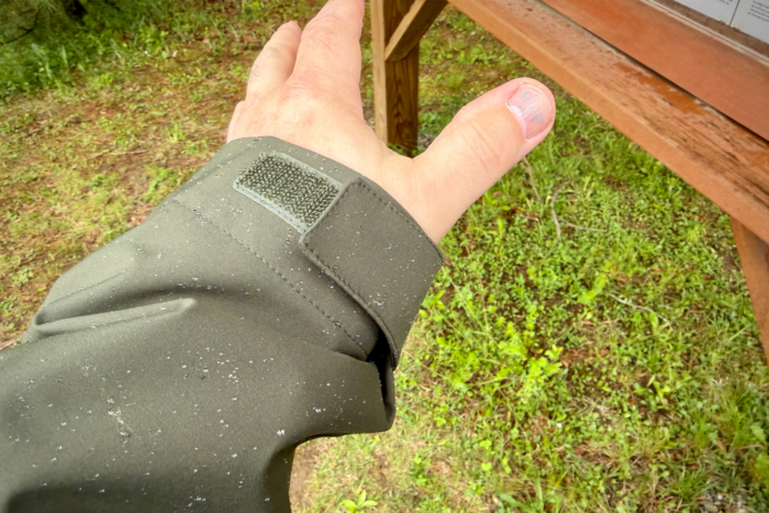 Marmot PreCip Evo Pro jacket cuff with hook and loop closure in wet conditions