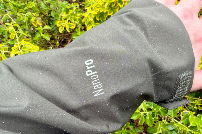 Marmot PreCip Evo Pro sleeve showing water droplets on the NanoPro fabric