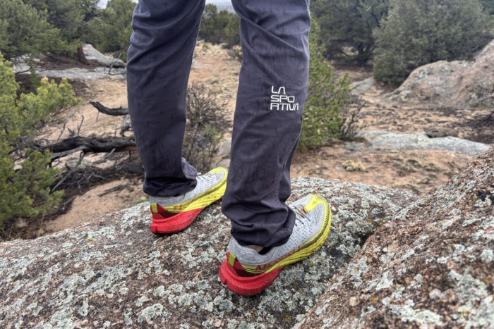 standing on a rock in La Sportiva Roots